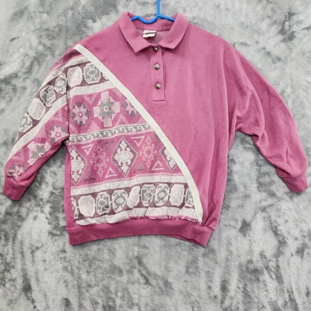 Vintage 80s Graff Top Womens‎ M Pink Silver Metallic 3/4 Sleeve Polo Cabincore